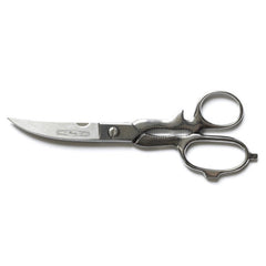 Hand-forged, stainless steel and dishwasher safe, our bespoke A G Hendy & Co all-purpose kitchen scissors are made in Sheffield and are an all-round winner.  The offset handles provide a very comfortable grip and the curved blades extra strength, coupled with a notch for anchoring bones, when used as poultry shears.  The micro-serrated blade will not blunt, adds extra grip and will swiftly cut through all meat, plastic, string and film.