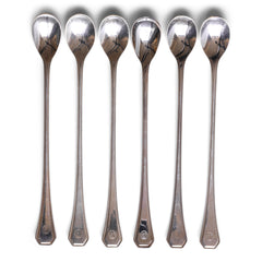 Set of six vintage hotel ware silver-plated WMF sundae spoons, made for Holland & America Line, the cruise liner company - and once used in the dining rooms on one of their cruise ships, now decommissioned. Each is marked WMF and has the liner's circular crest, an Art Deco stylised prow of a transatlantic steamship.