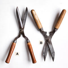 Two pairs of good quality vintage ladies' garden shears, both with polished wooden handles and polished sharp steel blades. 