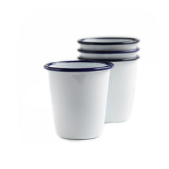 white enamel beakers with a blue rims